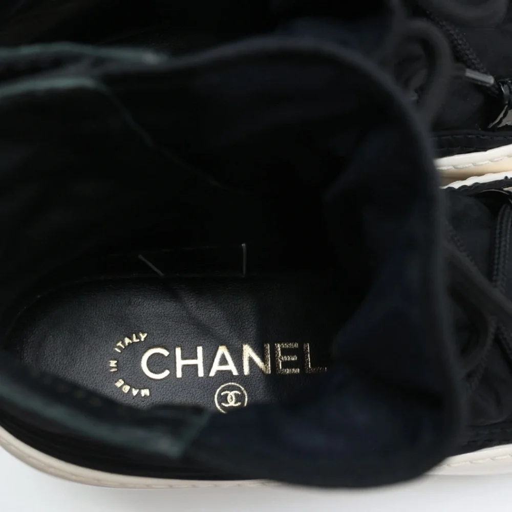 CHANEL Black Nylon Ankle Boots with White Rubber Sole size 38